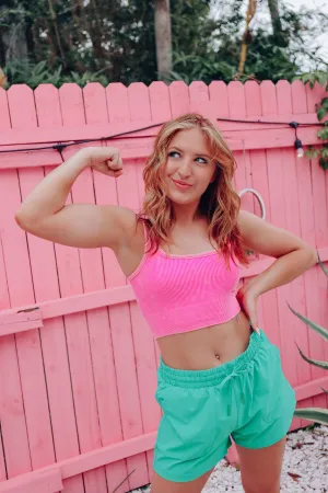Square Neck Ribbed Crop Tank - Hot Pink