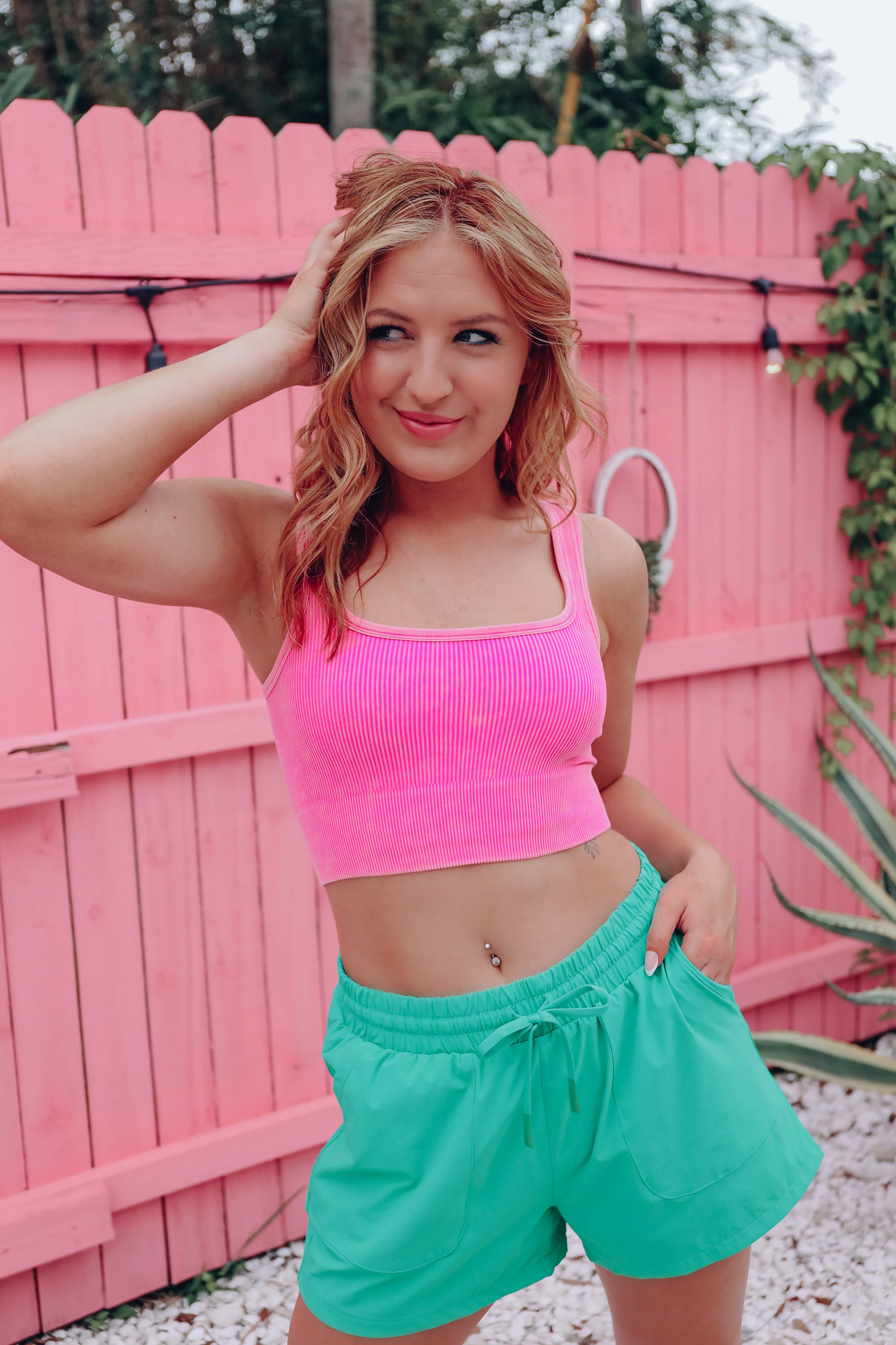 Square Neck Ribbed Crop Tank - Hot Pink