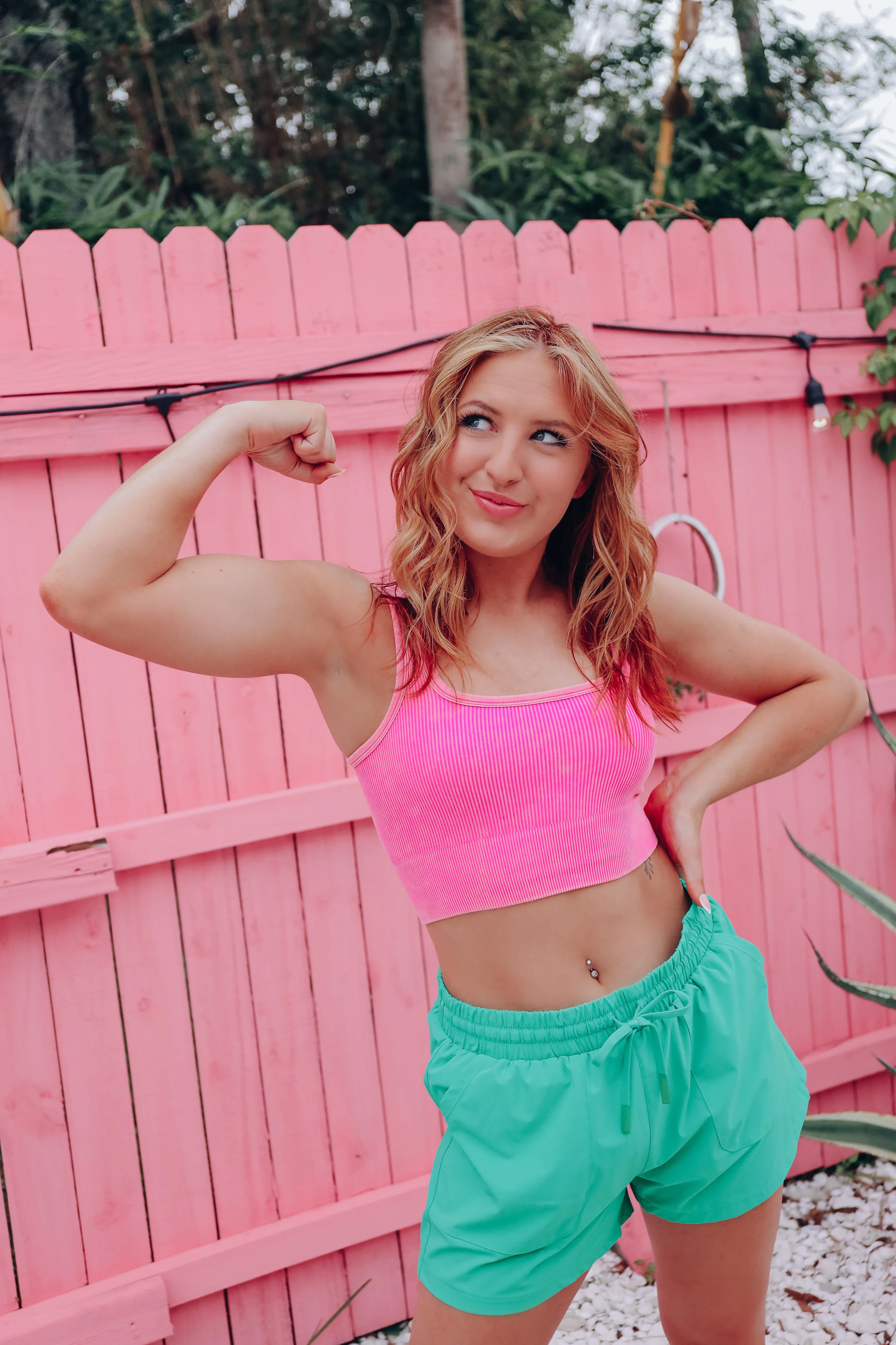 Square Neck Ribbed Crop Tank - Hot Pink