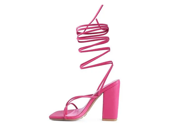 Square Toe Lace Up Block High Heel Sandal 4.7"