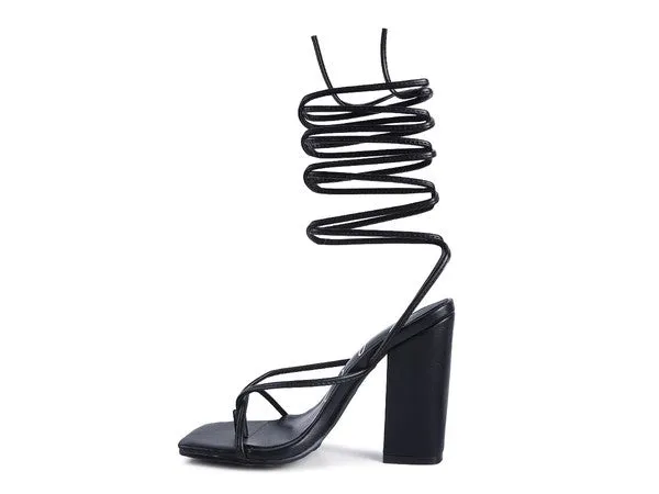 Square Toe Lace Up Block High Heel Sandal 4.7"