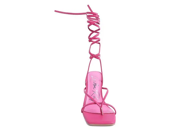 Square Toe Lace Up Block High Heel Sandal 4.7"
