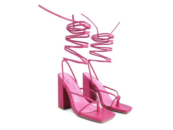 Square Toe Lace Up Block High Heel Sandal 4.7"