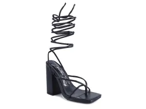 Square Toe Lace Up Block High Heel Sandal 4.7"