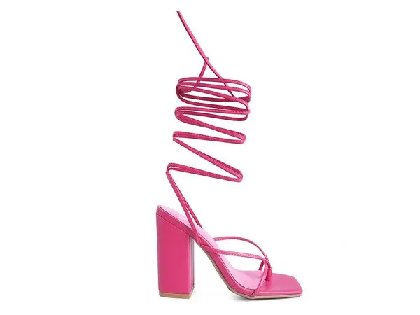 Square Toe Lace Up Block High Heel Sandal 4.7"