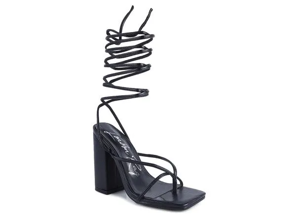 Square Toe Lace Up Block High Heel Sandal 4.7"