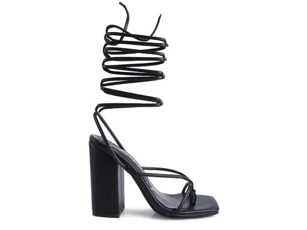 Square Toe Lace Up Block High Heel Sandal 4.7"