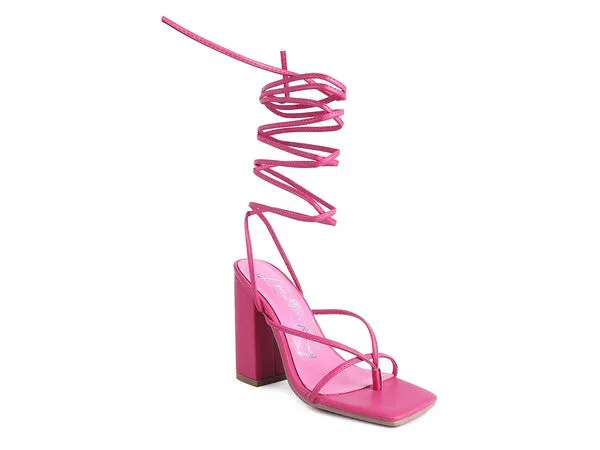 Square Toe Lace Up Block High Heel Sandal 4.7"