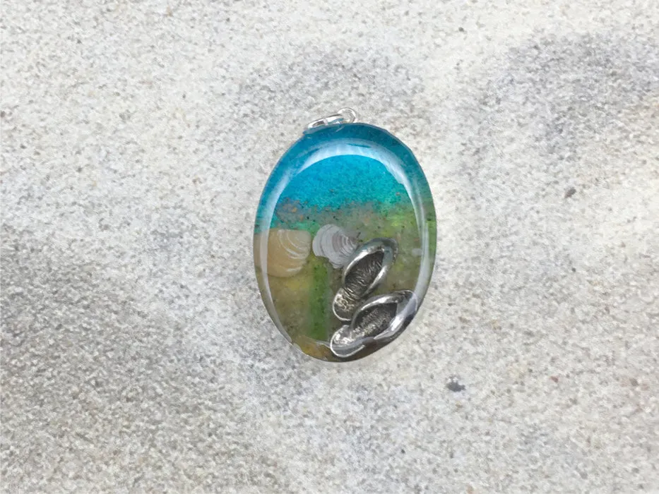 Sterling silver 30mmx 22mm Oval Pendant with Shell, Shells, Flip Flops, Sea glass, Sandals, Beach Haven, Taylor Ave, LBI New Jersey shore, tide pool,  alcohol ink art,  beach comber