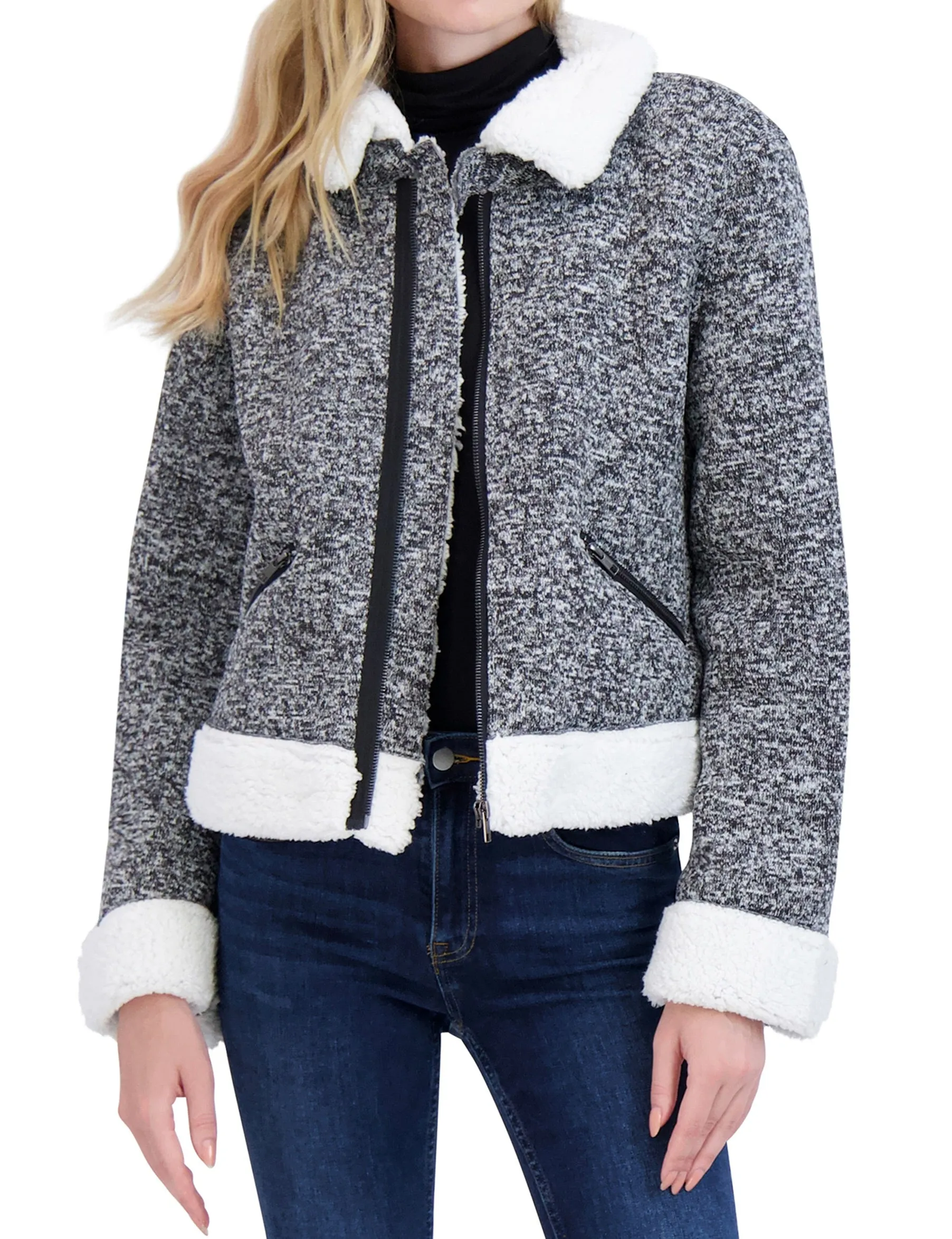Sweater Bonded to Sherpa - CF Zip Moto with Detach Hood