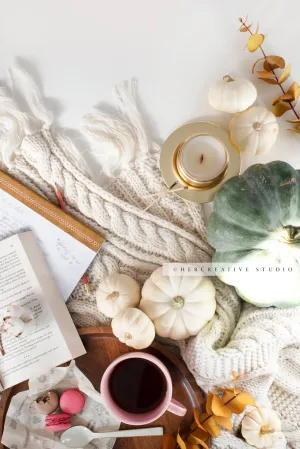Sweaters, Coffee & Fall Pumpkins. Digital Stock Image.