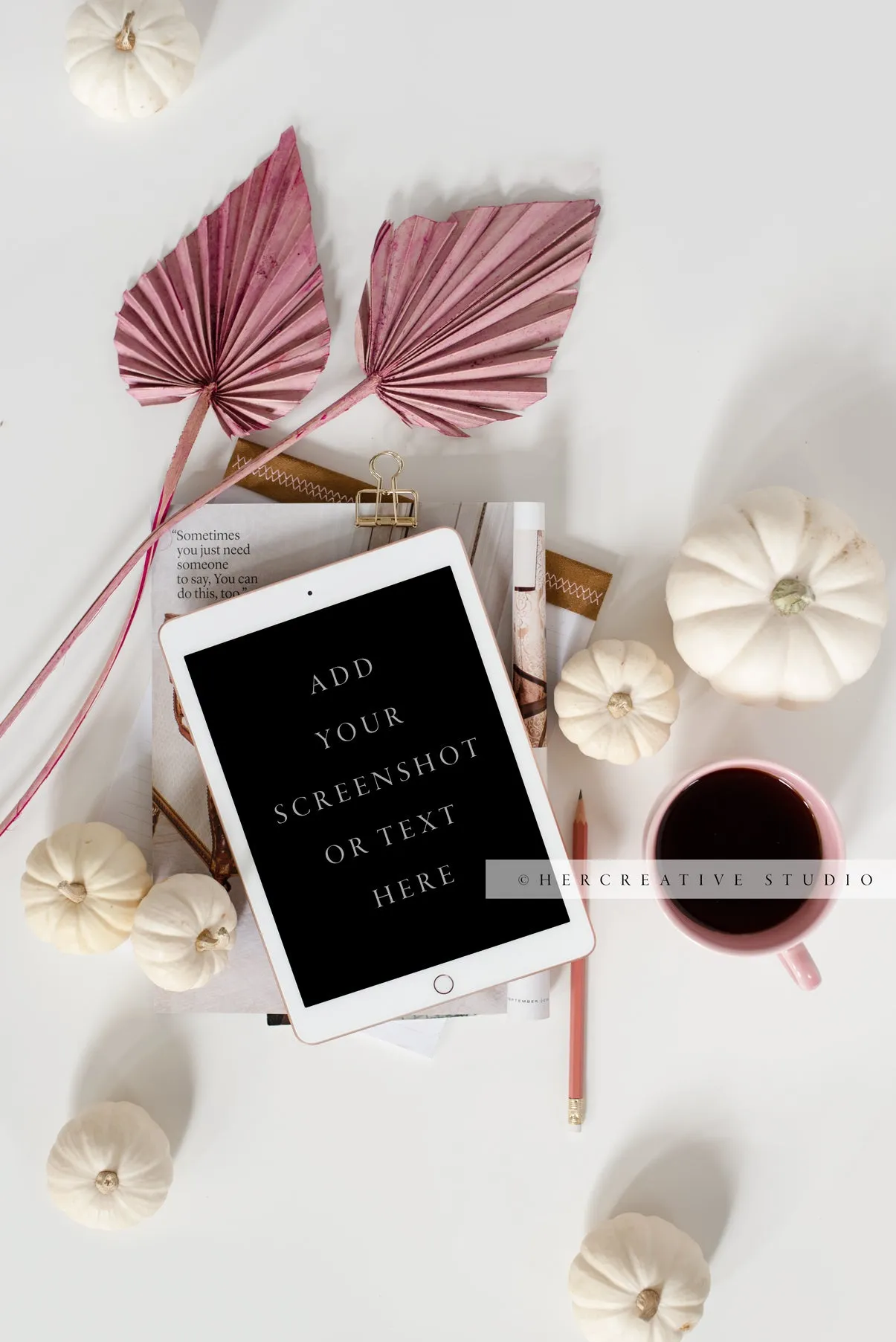 Tablet, Fall Pumpkin & Palm Leaves. Digital Stock Image.