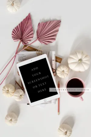 Tablet, Fall Pumpkin & Palm Leaves. Digital Stock Image.