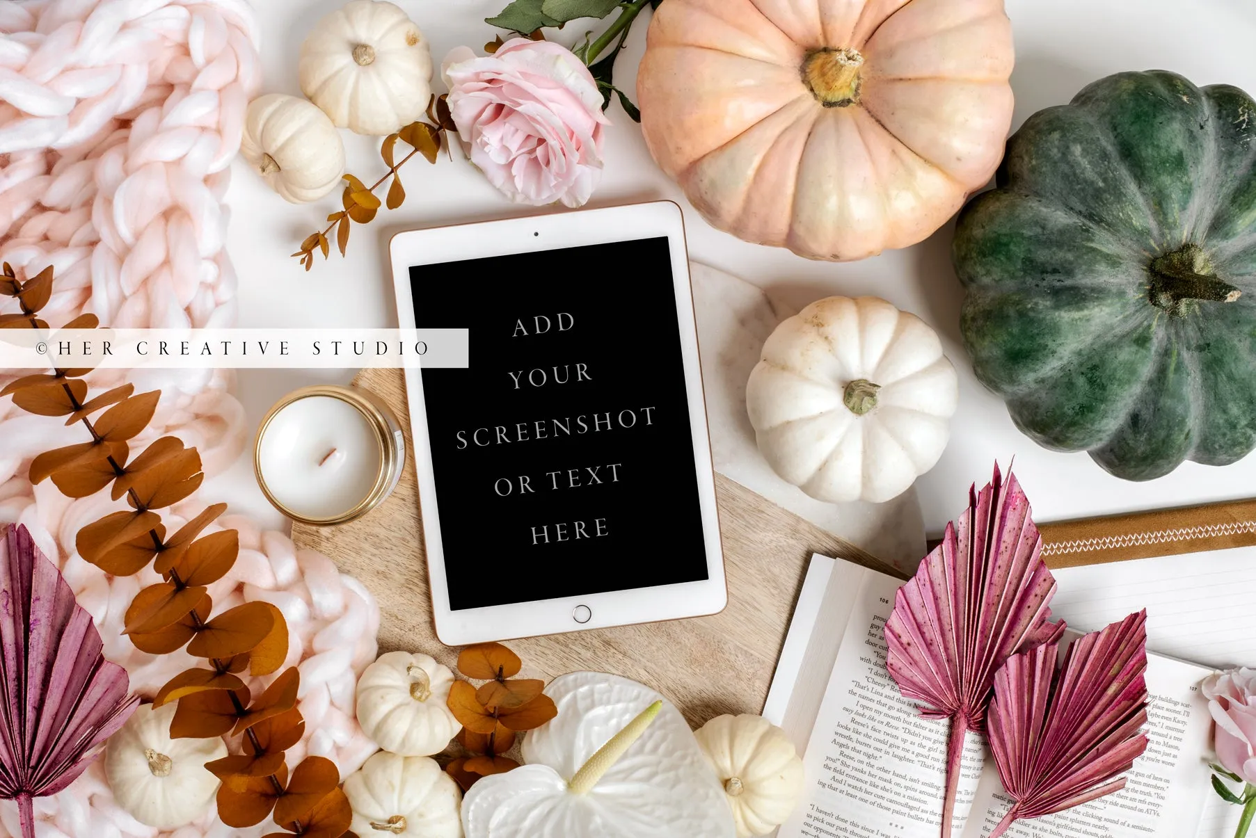 Tablet, Fall Pumpkin & Pink Palm Leaf. Digital Stock Image.