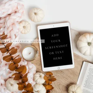 Tablet, Fall Pumpkins & Candle. Digital Stock Image.