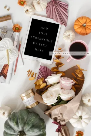 Tablet, Flowers, Pumpkin & Palm Leaf. Digital Stock Image.