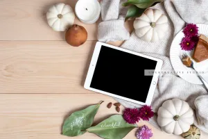 Tablet, Pear & Pumpkins Pie on Wooden Table