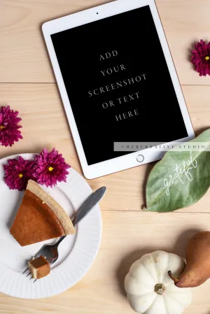 Tablet, Pumpkin Pie & Grateful on Wood Table