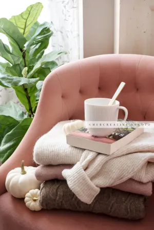 Tea, Pumpkins & Sweaters on Pink Chair 2. Digital Stock Image.