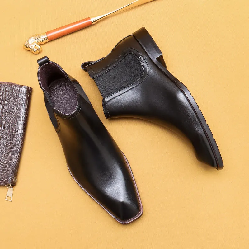 Top Layer Cowhide Men's Leather Shoes Winter Fleece-lined Chelsea Boots Men Authentic Leather British Style Pointed Toe Business Formal Wear High-Top Leather Shoes68893