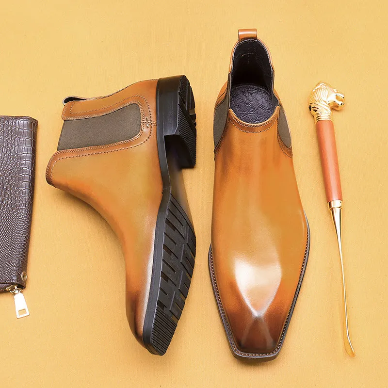 Top Layer Cowhide Men's Leather Shoes Winter Fleece-lined Chelsea Boots Men Authentic Leather British Style Pointed Toe Business Formal Wear High-Top Leather Shoes68893