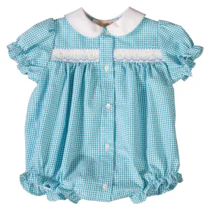 Turquoise Gingham Seersucker English Smocked Girl Bubble