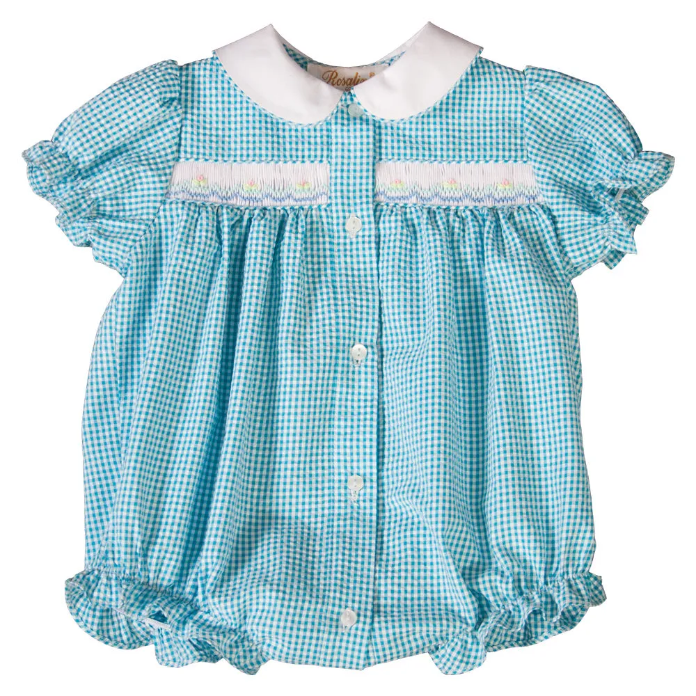 Turquoise Gingham Seersucker English Smocked Girl Bubble