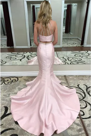 Two Piece Mermaid Jewel Open Back Sweep Train Pink Prom Dress with Beading PD003
