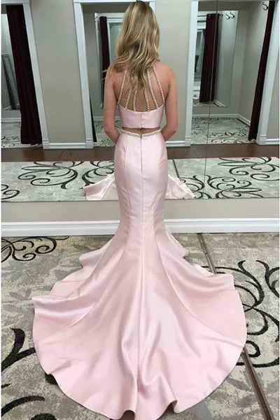Two Piece Mermaid Jewel Open Back Sweep Train Pink Prom Dress with Beading PD003