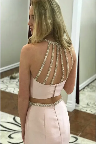 Two Piece Mermaid Jewel Open Back Sweep Train Pink Prom Dress with Beading PD003