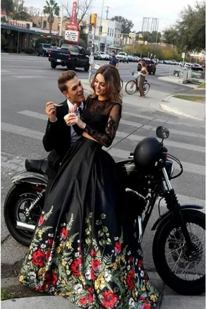 Two Piece Round Neck Long Sleeves Black Floral Satin Prom Dress with Lace Pockets LPD021