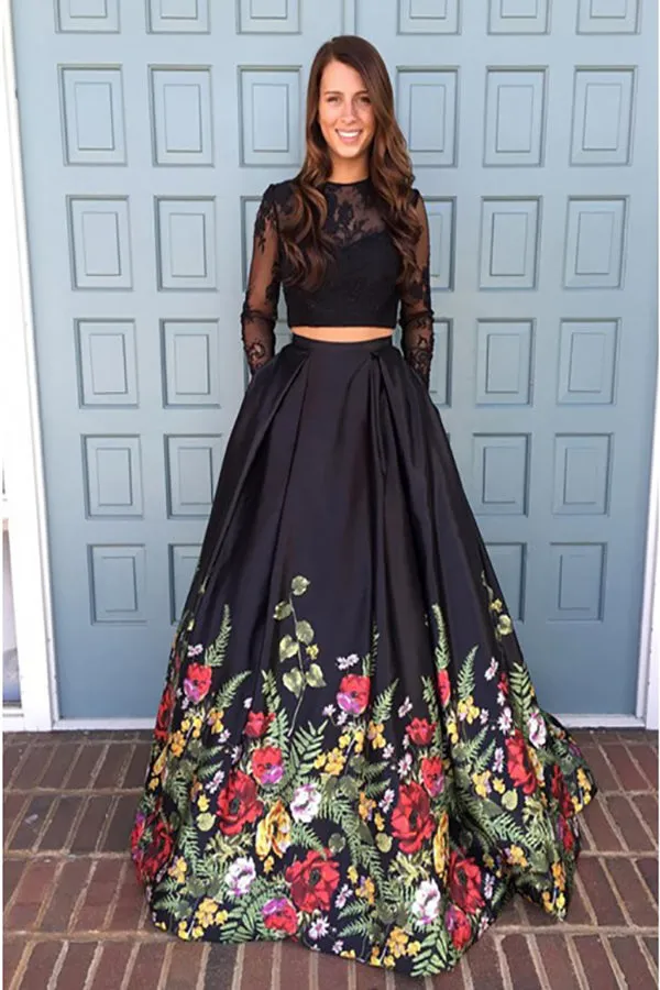 Two Piece Round Neck Long Sleeves Black Floral Satin Prom Dress with Lace Pockets LPD021