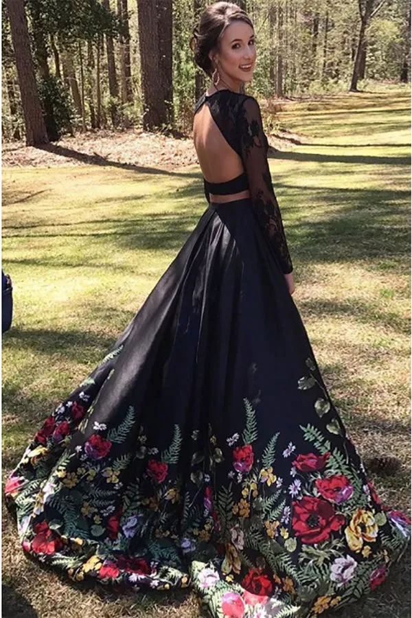 Two Piece Round Neck Long Sleeves Black Floral Satin Prom Dress with Lace Pockets LPD021