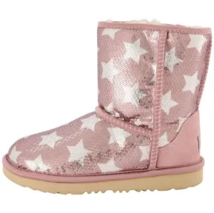 UGG® Big Girls Short Classic Rose Star Design Shearling Lined Winter Boots NEW