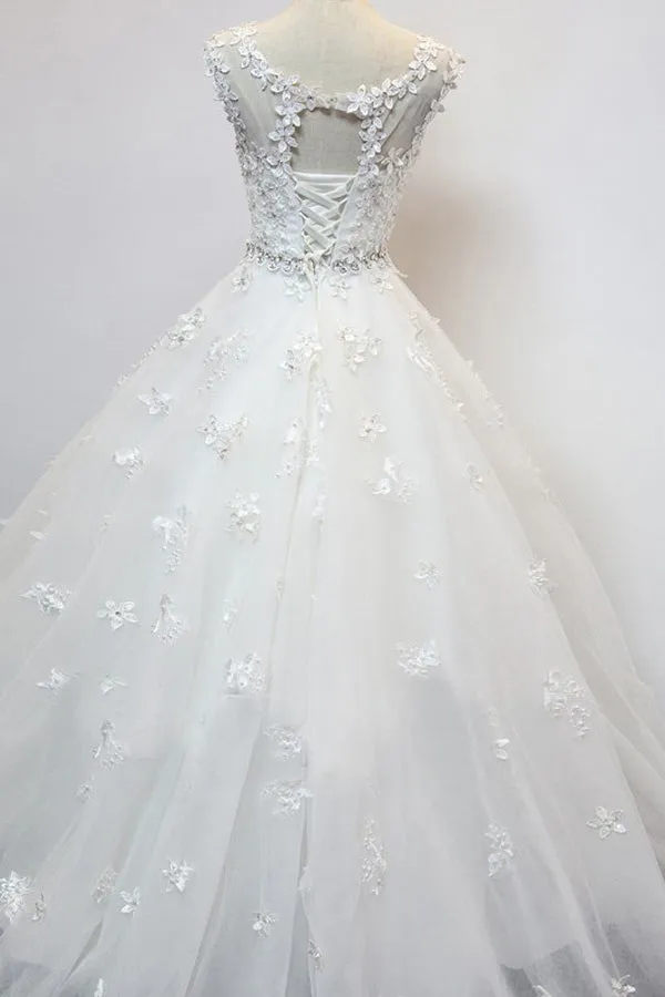 Unique White Tulle Long 3D Flower Wedding Dress Tulle Formal Prom Dresses OHC496