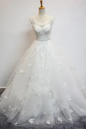 Unique White Tulle Long 3D Flower Wedding Dress Tulle Formal Prom Dresses OHC496