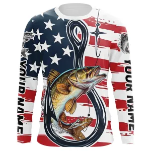 US Flag Fish Hook Custom Patriotic Walleye Long Sleeve Fishing Shirts, Walleye Fishing Jerseys IPHW7957