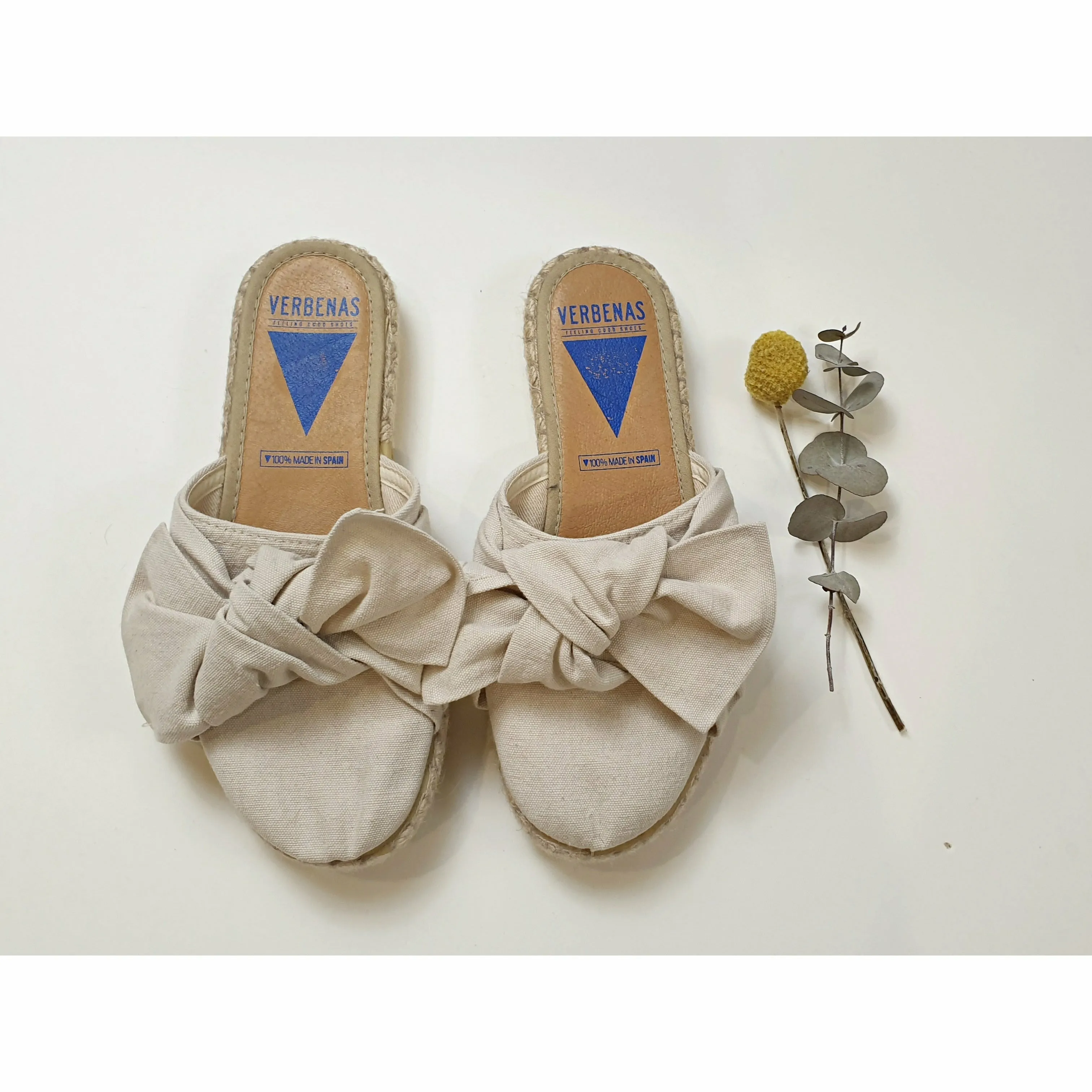 Verbenas natural fabric half shoe slides with bow size 35 (NB large fit, could fit 36-36.5)
