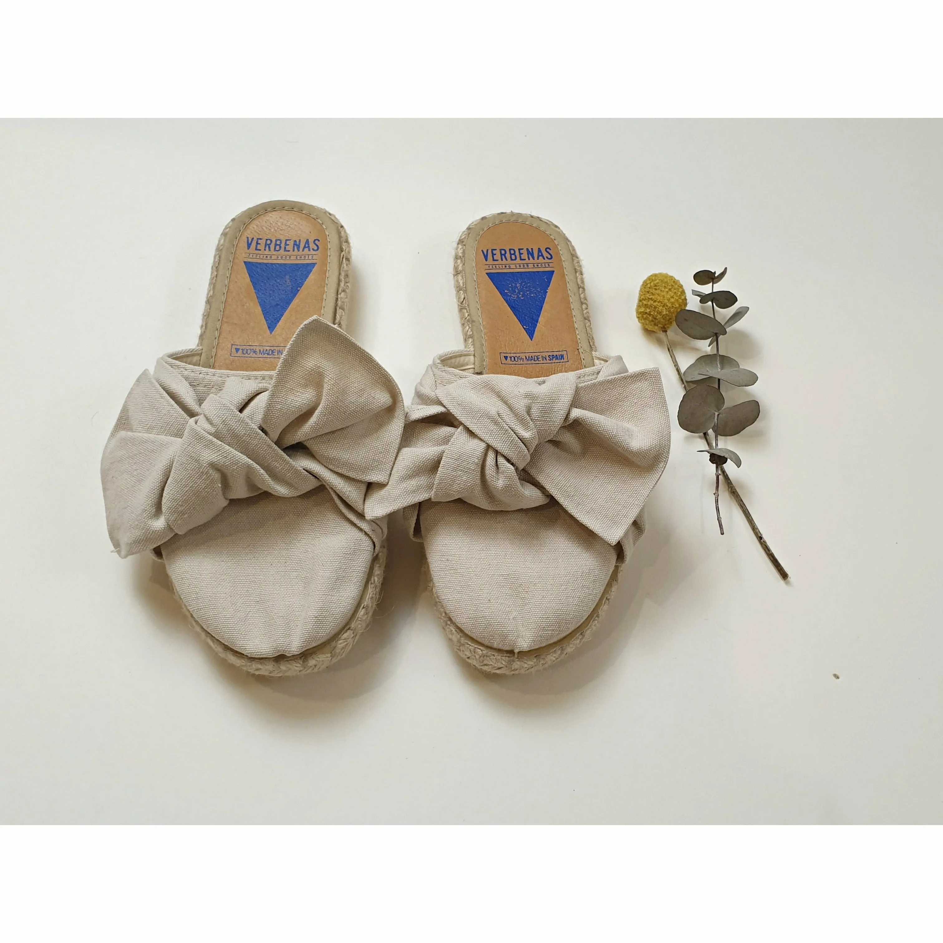 Verbenas natural fabric half shoe slides with bow size 35 (NB large fit, could fit 36-36.5)