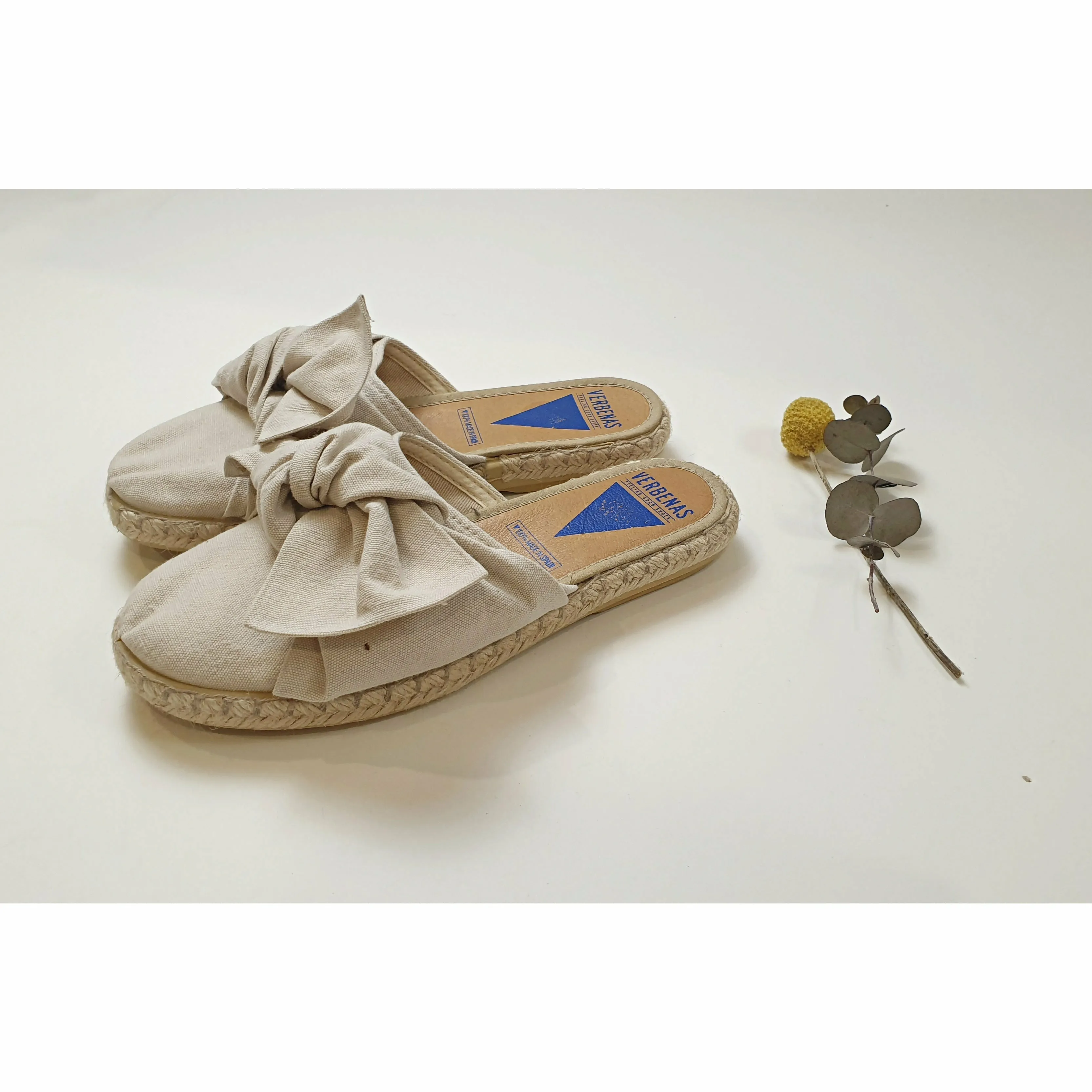 Verbenas natural fabric half shoe slides with bow size 35 (NB large fit, could fit 36-36.5)