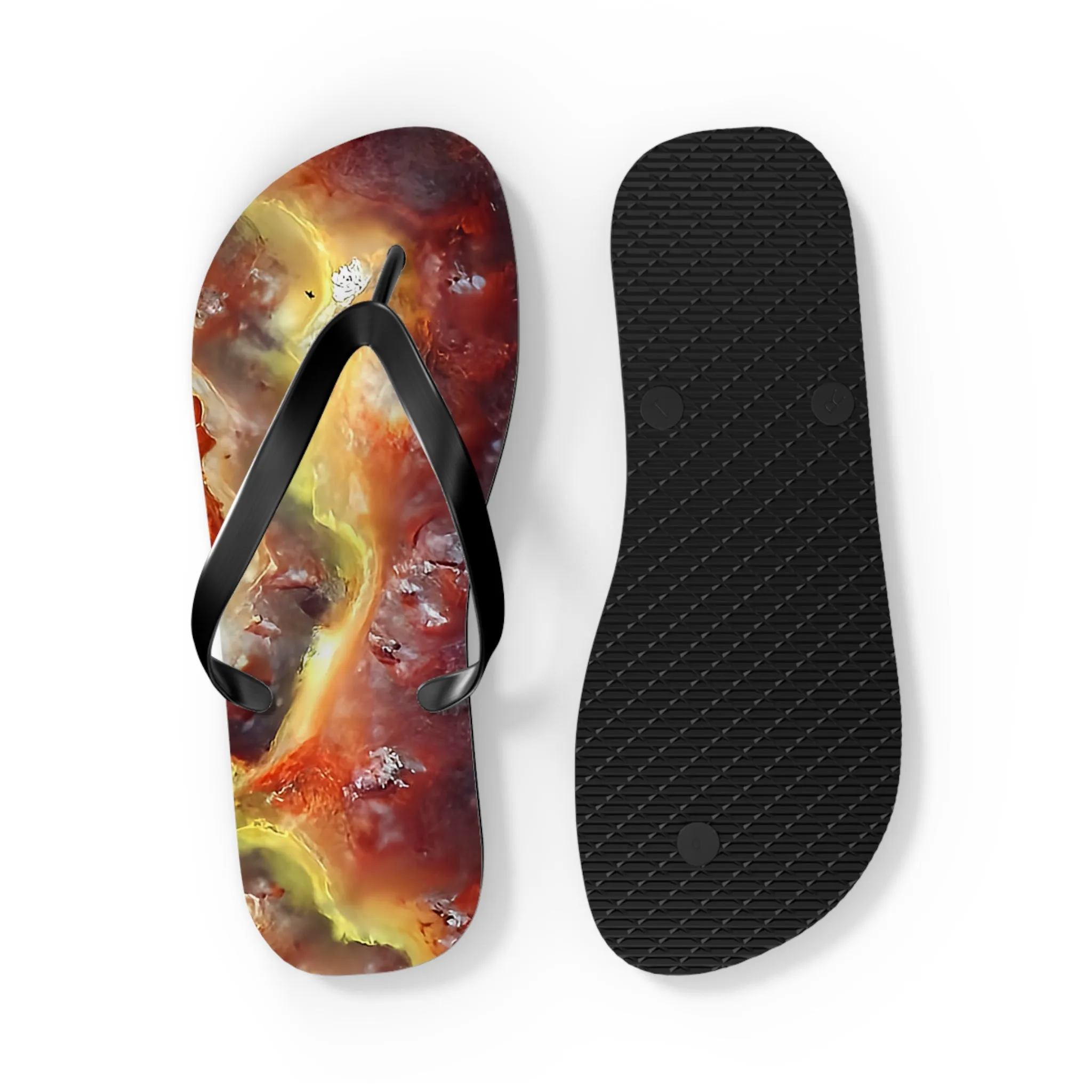 Vibrant Unisex Beachwear Flip Flops With Tie-dye Like Wildfire Hyalite Bubble Opal Patterns