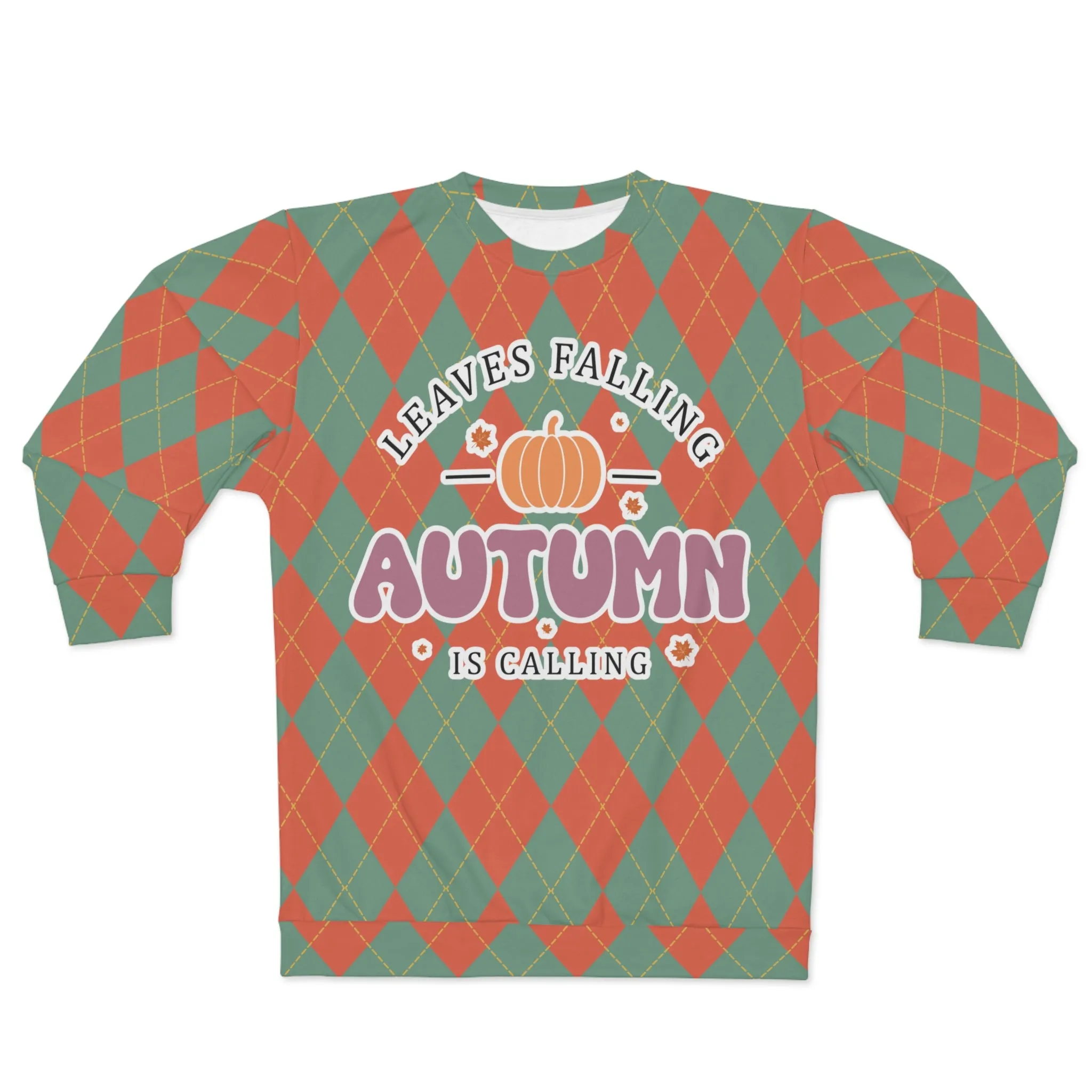 Vintage Green and Orange Rhombus pattern Fall Unisex Sweatshirt (AOP) - Embrace Autumn's Beauty in Style