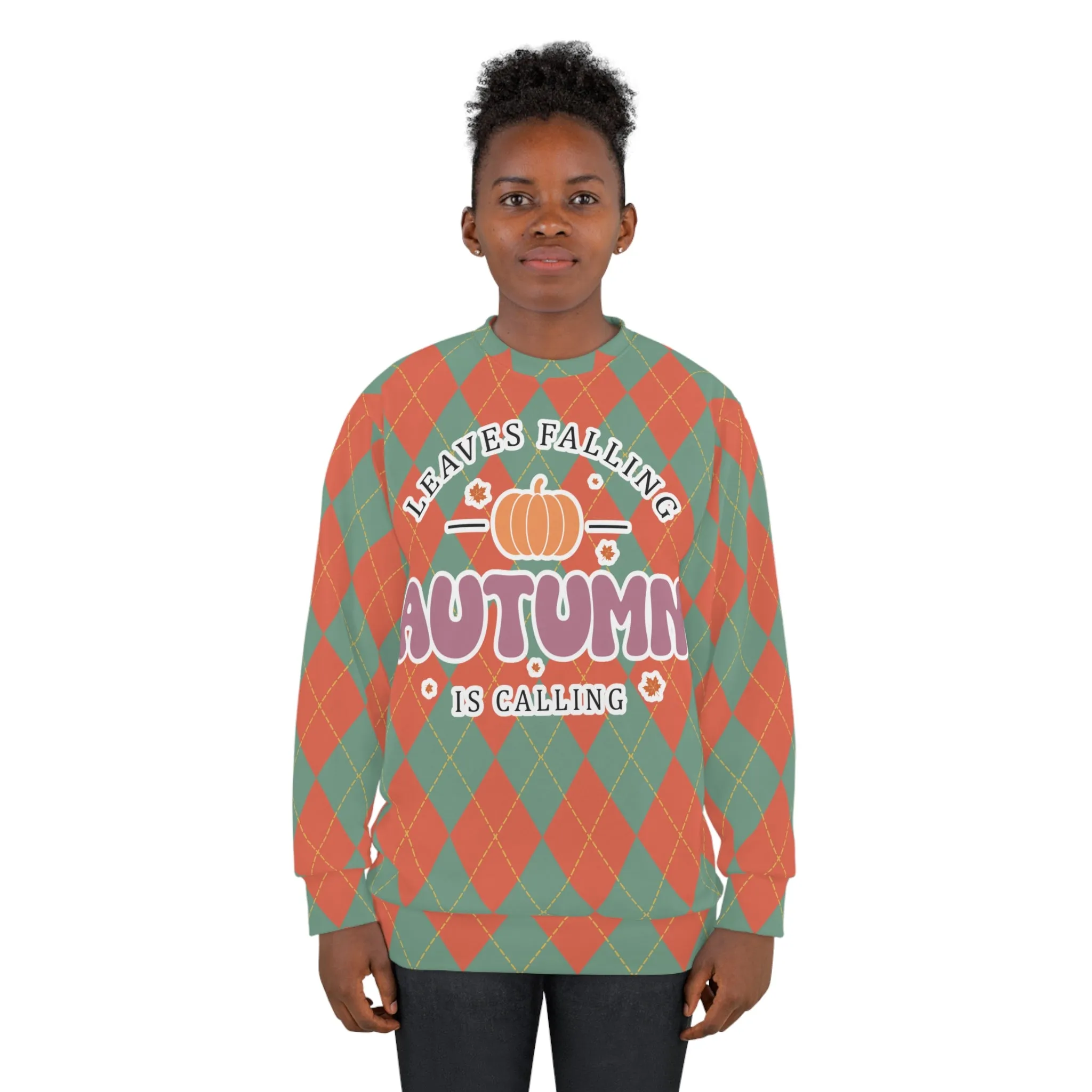 Vintage Green and Orange Rhombus pattern Fall Unisex Sweatshirt (AOP) - Embrace Autumn's Beauty in Style