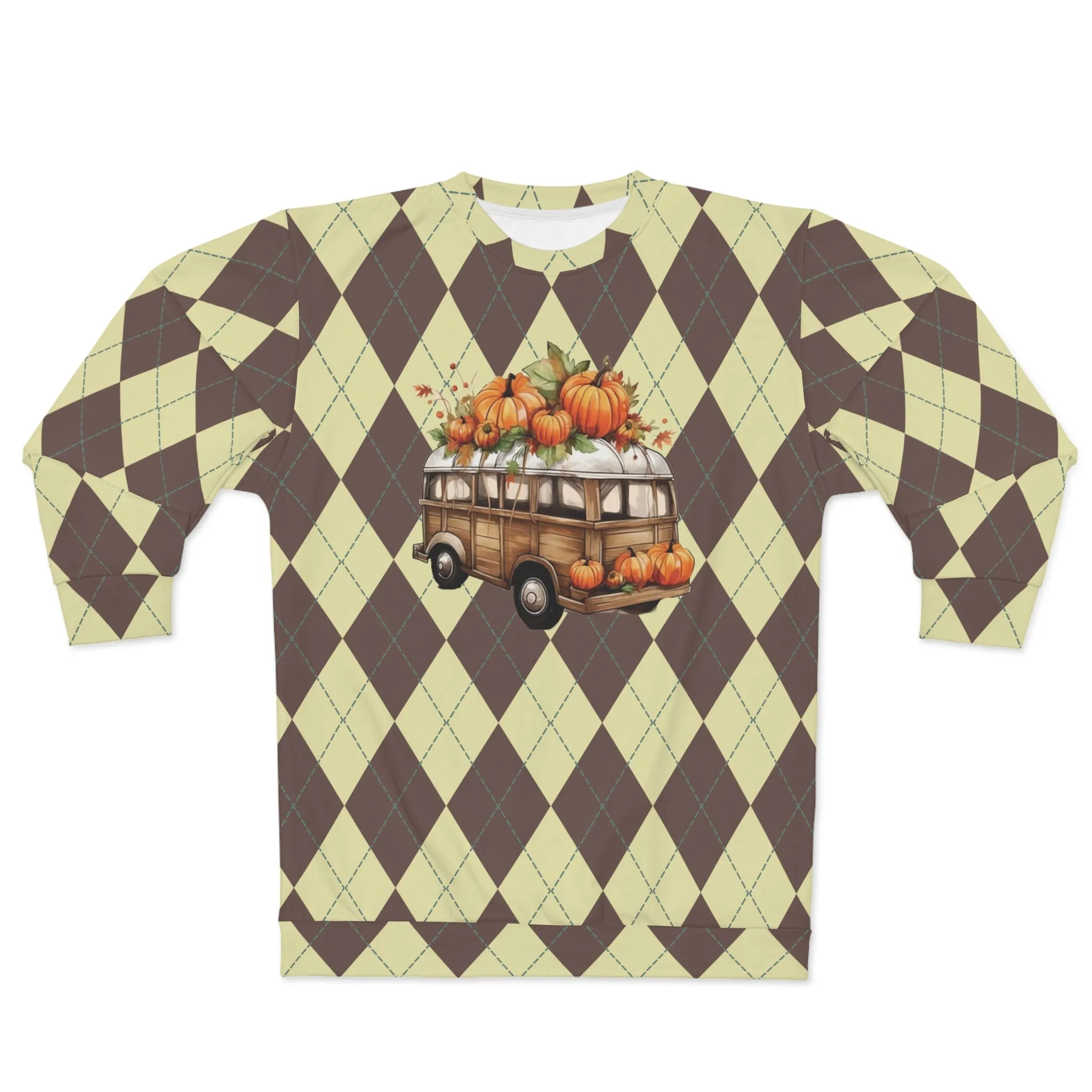 Vintage Van and Pumpkins Brown Rhombuses Fall Unisex Sweatshirt (AOP) - Cozy Up to Autumn's Charms