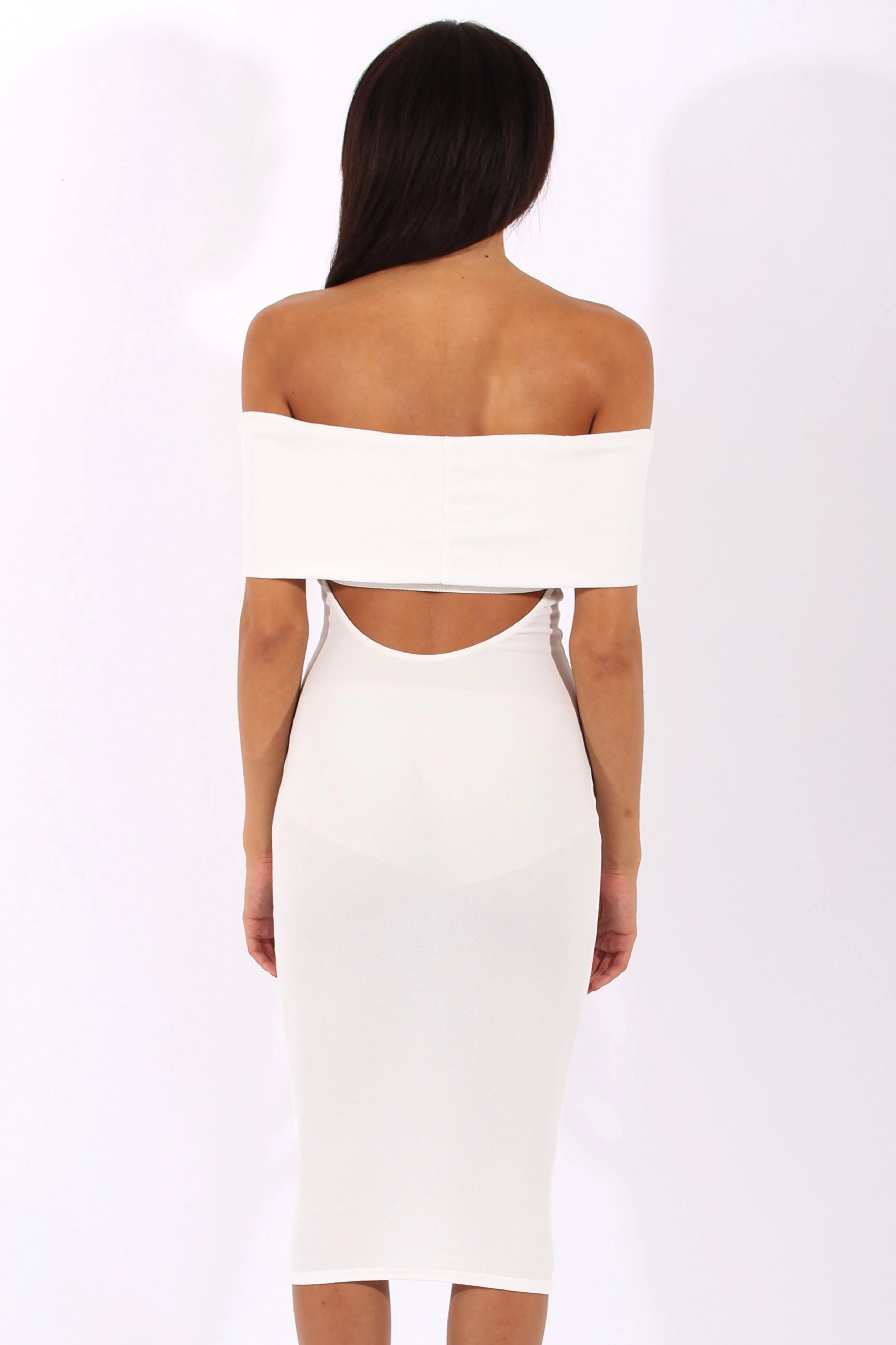 White Bardot Frill Open Back Midi Dress - Trish