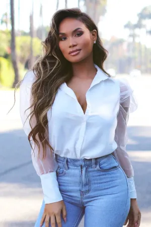 White Button Front Sheer Long Sleeve Shirt - Fay