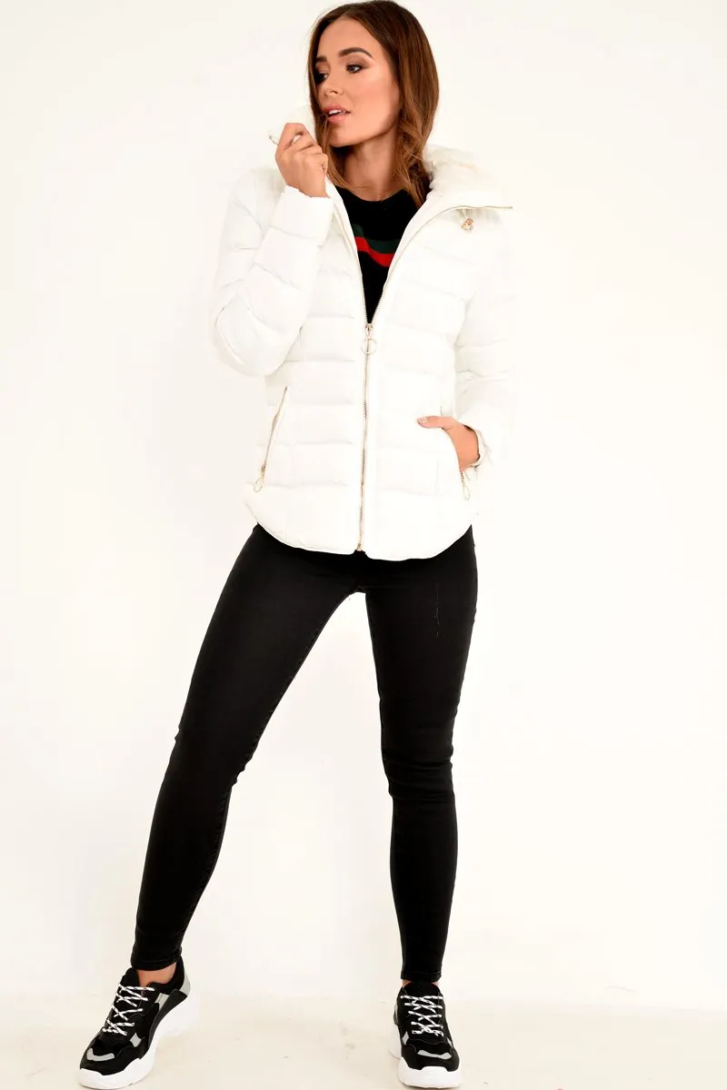 White Fur Lined Ring Pull Puffer Coat - Riko