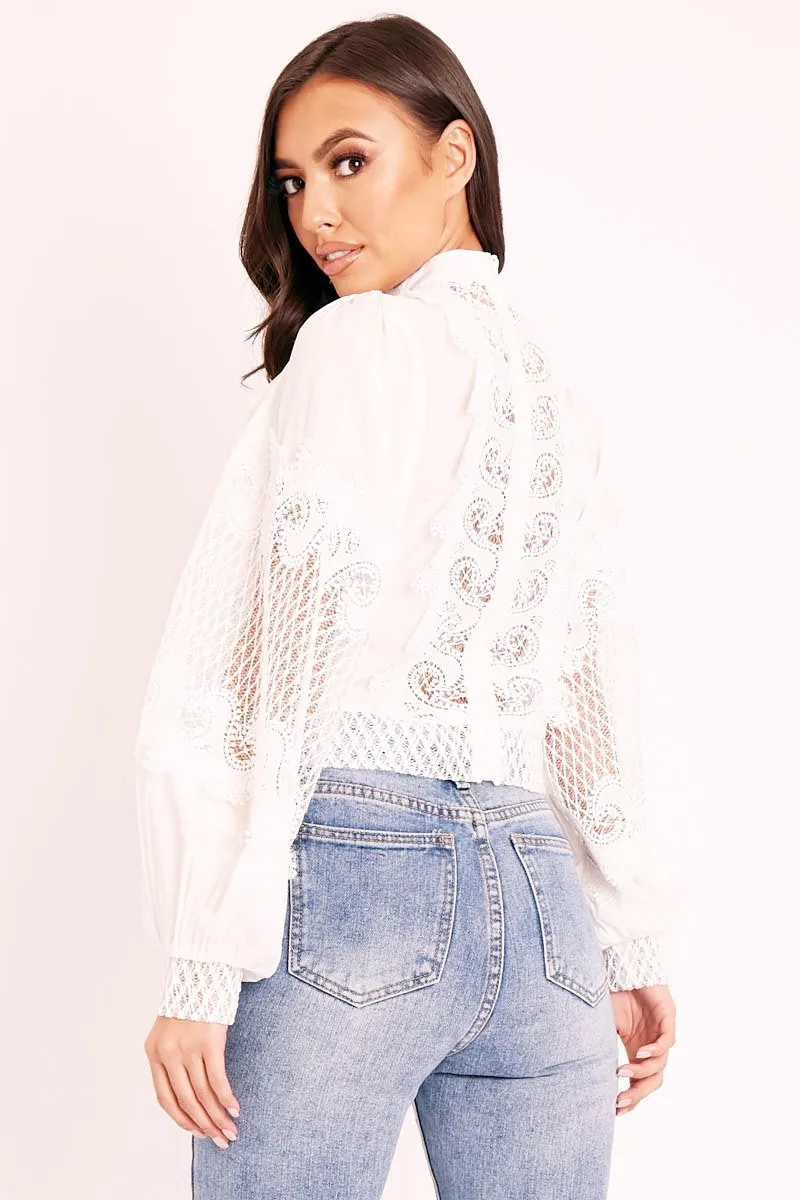White Lace Panel Neck Tie Blouse - Ophia