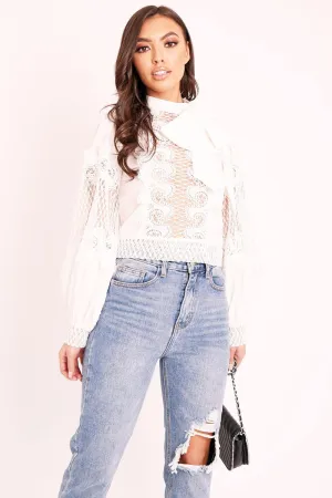 White Lace Panel Neck Tie Blouse - Ophia