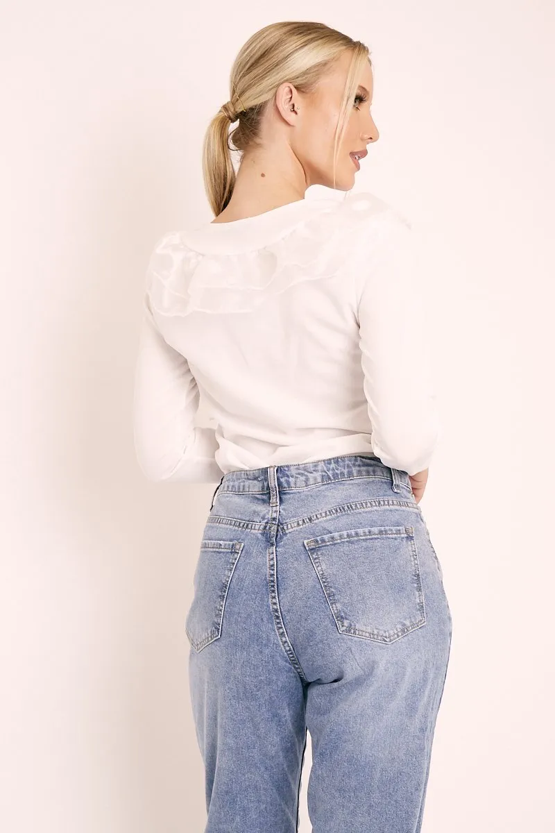 White Mesh Ruffle Front Long Sleeve Top - Kristen
